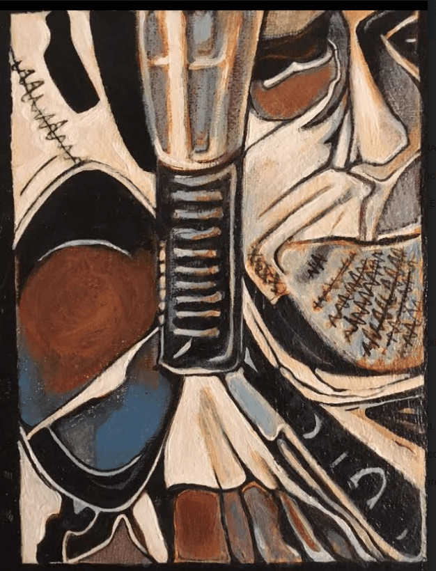 abstract acrylic painting, close-up Dave Royer Grammy winner and his microphone in bold abgles of white, gray, black, cream, russet and dark blue